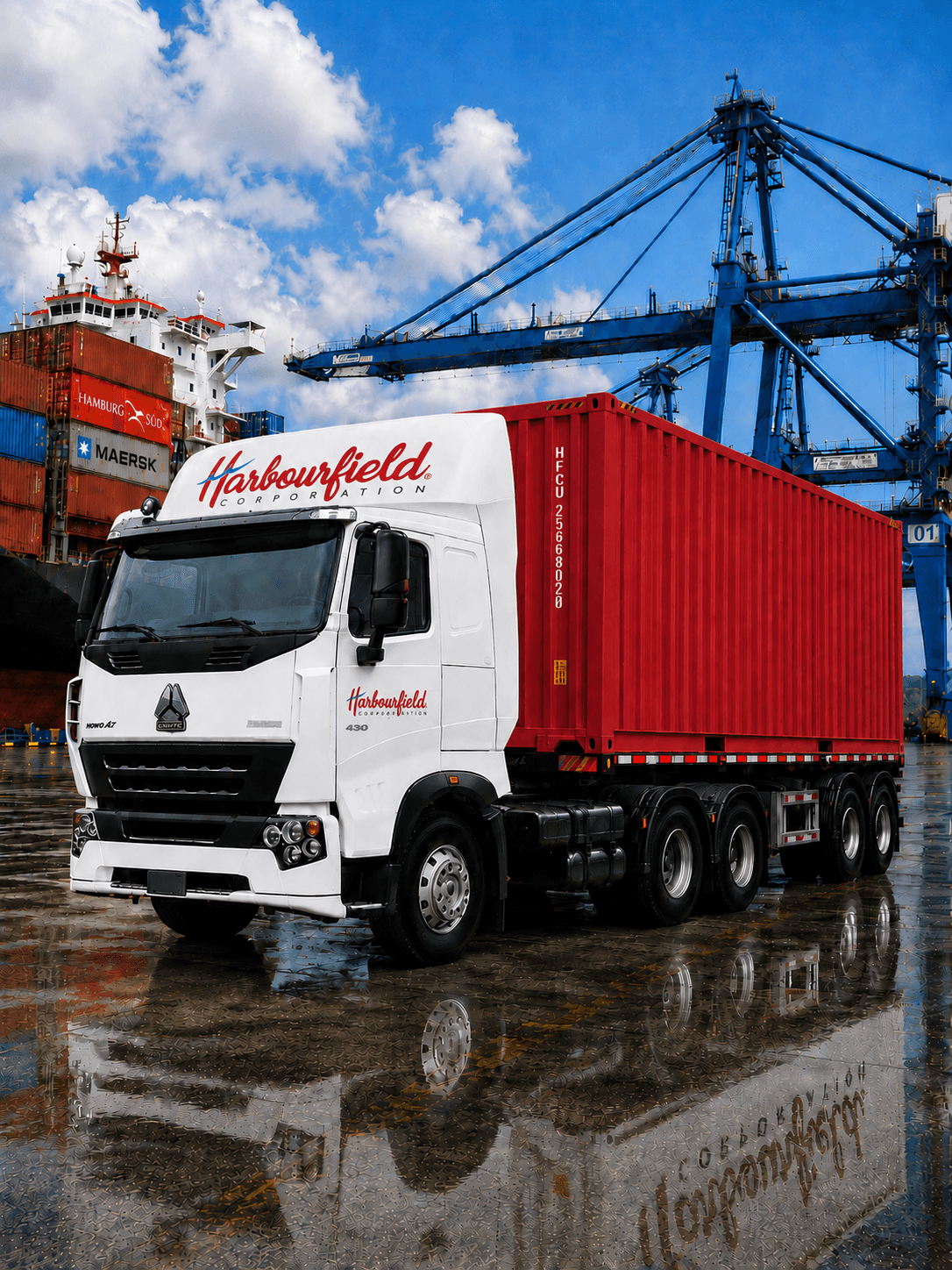 A Harbourfield Corporation truck hauling a shipping container at the port